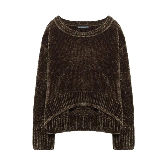 Zara Plush Chenille Thick Hi Low Olive Green Curved Hem Sweater L - Picture 1 of 16